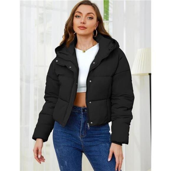 Womens Cropped Puffer Jacket Hooded Zip Up Black - Picture 3 of 6